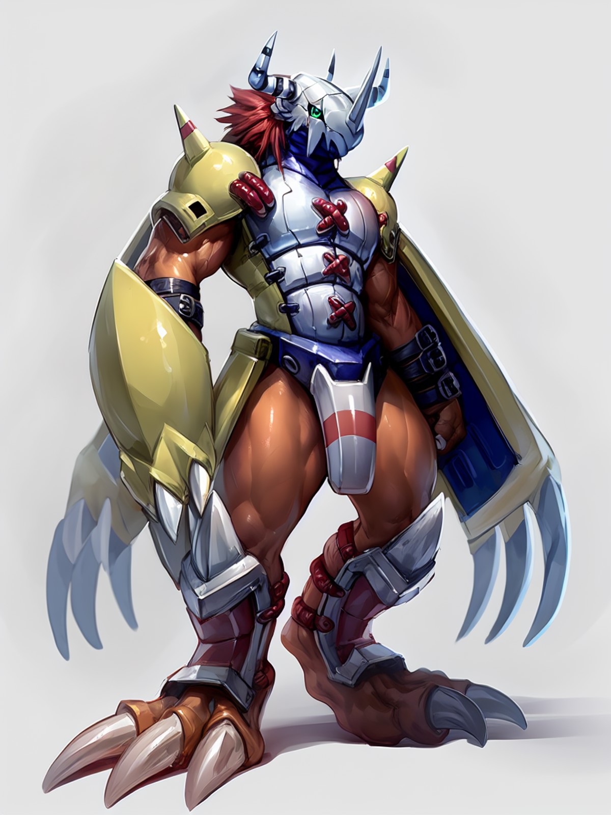 Wargreymon, bandai namco, digimon, digimon (species), solo, armor, anthro, scalie, claws, horn, male, hi res, simple backg...